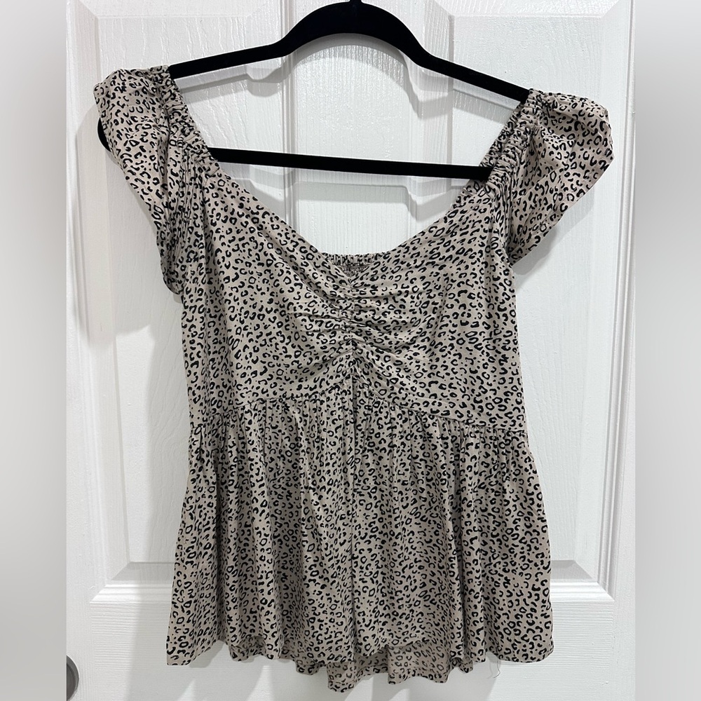 Women's Beige Leopard Print Peplum Top